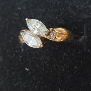 Gold-Tone Leaf Ring with Clear Marquise Stones